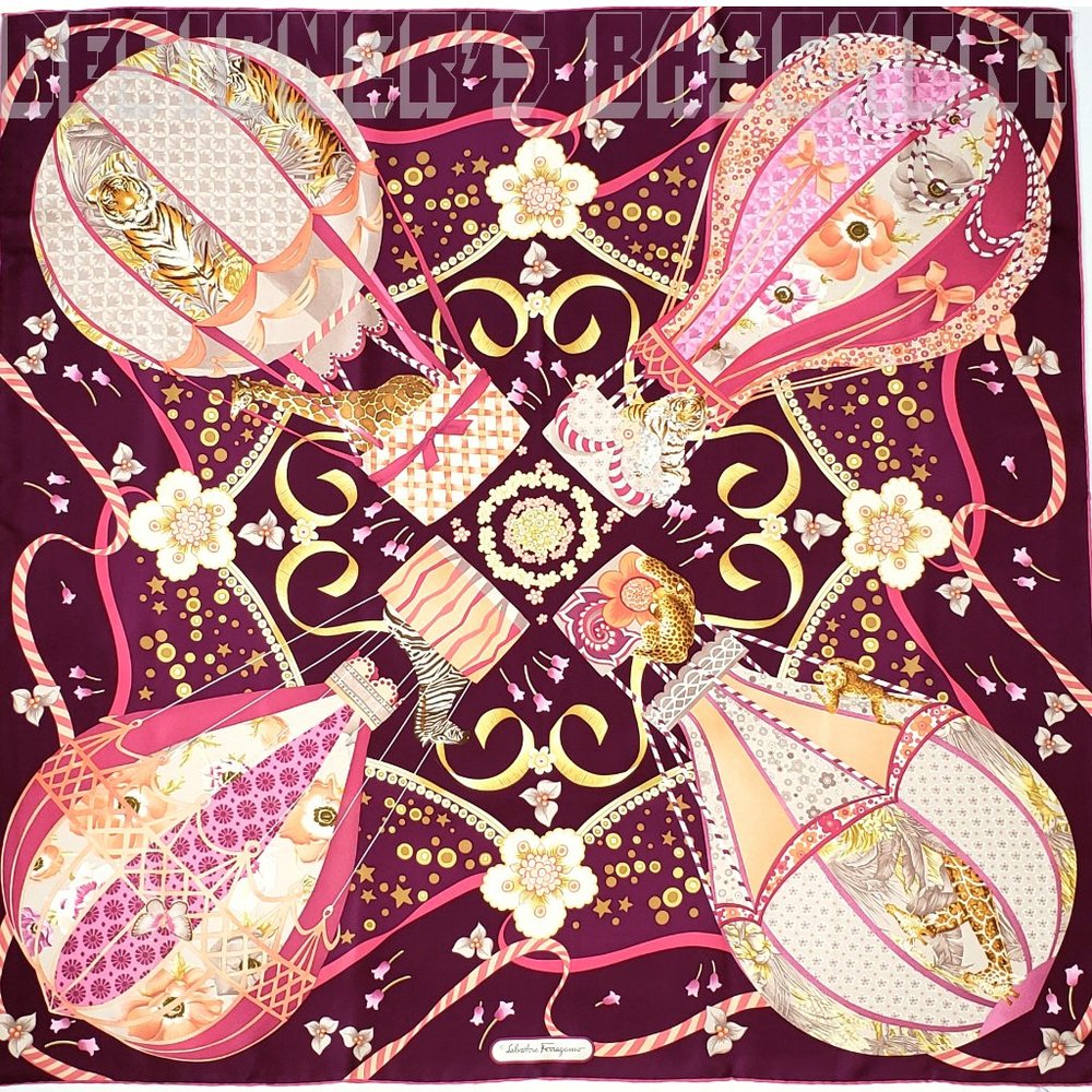 SALVATORE FERRAGAMO burgundy HOT AIR BALLOONS Carnival silk scarf NWT envelope🎁